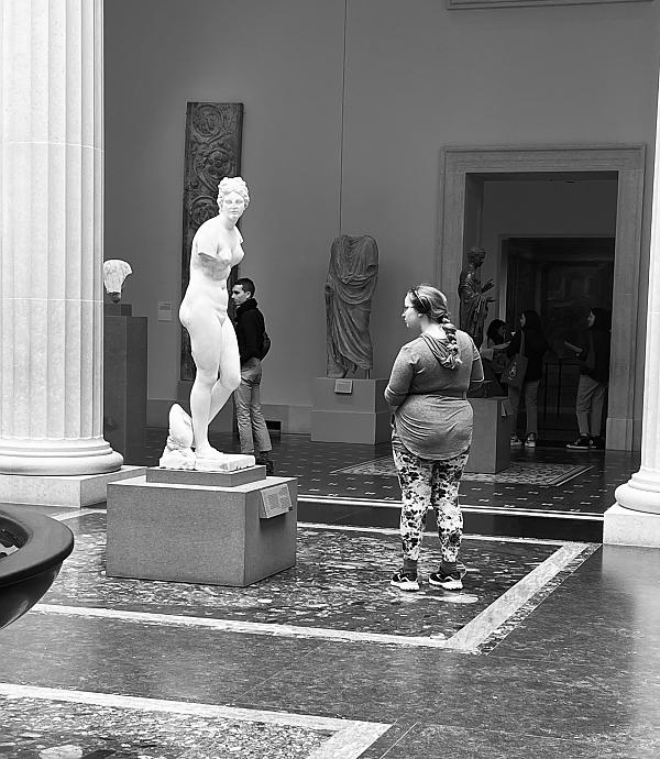 在大都会博物馆看雕塑的学生