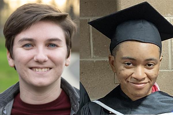 2张学生照片的蒙太奇. 左, 一个棕色眼睛，深色头发塞在毕业帽下面的学生面对镜头，闭着嘴微笑. 右边，棕色短发，蓝眼睛的学生面对镜头微笑. 