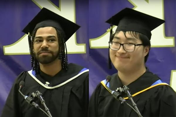 两个戴着毕业帽、身穿毕业服的男学生在毕业典礼舞台上的蒙太奇. 左边的学生留着黑色短发，戴着眼镜. 右边的学生留着长长的辫子和浓密的黑胡子